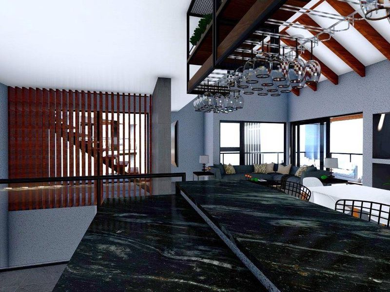 Modern open-plan living area featuring exposed timber beams, a sleek stone kitchen island, built-in fireplace, and contemporary timber slat architectural detailing.