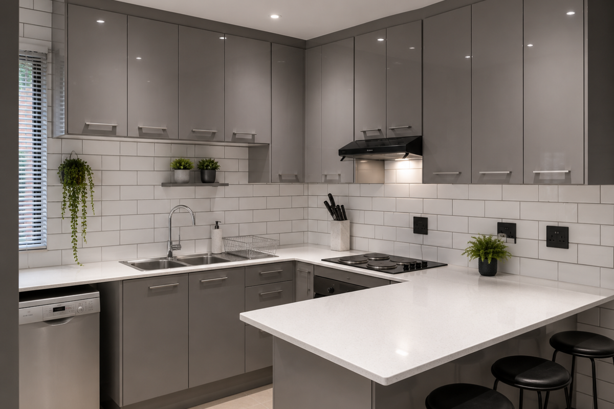 Modern kitchen featuring grey gloss cabinetry, white quartz countertops, subway tile backsplash, and integrated appliances including a hob, oven, and dishwasher.