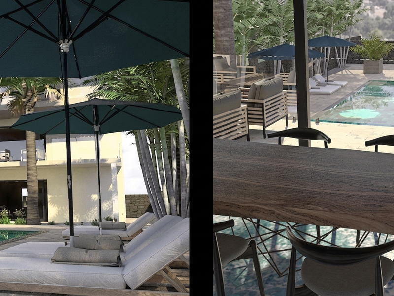 A modern outdoor pool area featuring a swimming pool, stone decking, and glass balustrades, presented as a digital architectural rendering.
