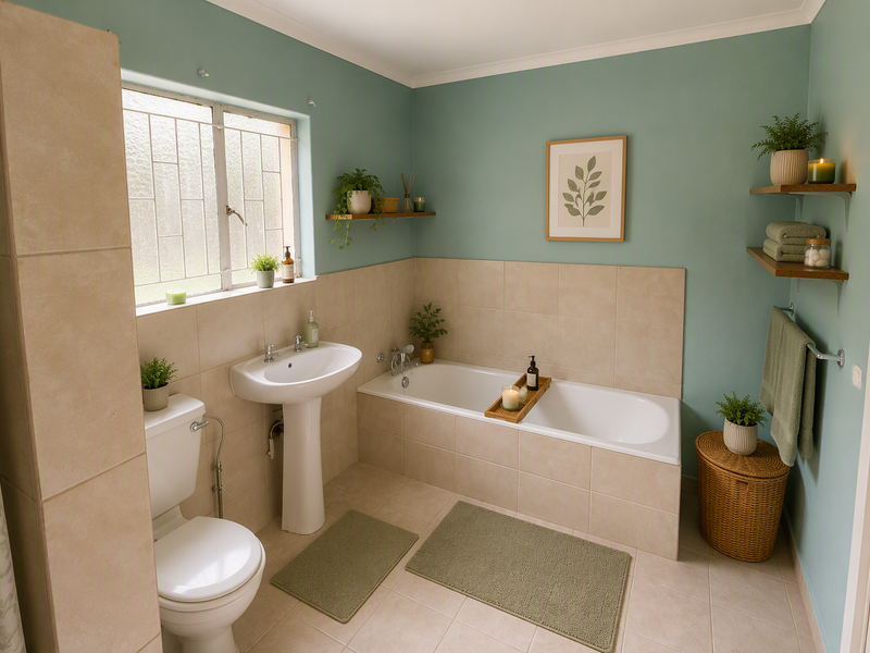 A well-maintained bathroom featuring a pedestal basin, built-in bathtub, and toilet with neutral wall tiling and soft green painted walls.