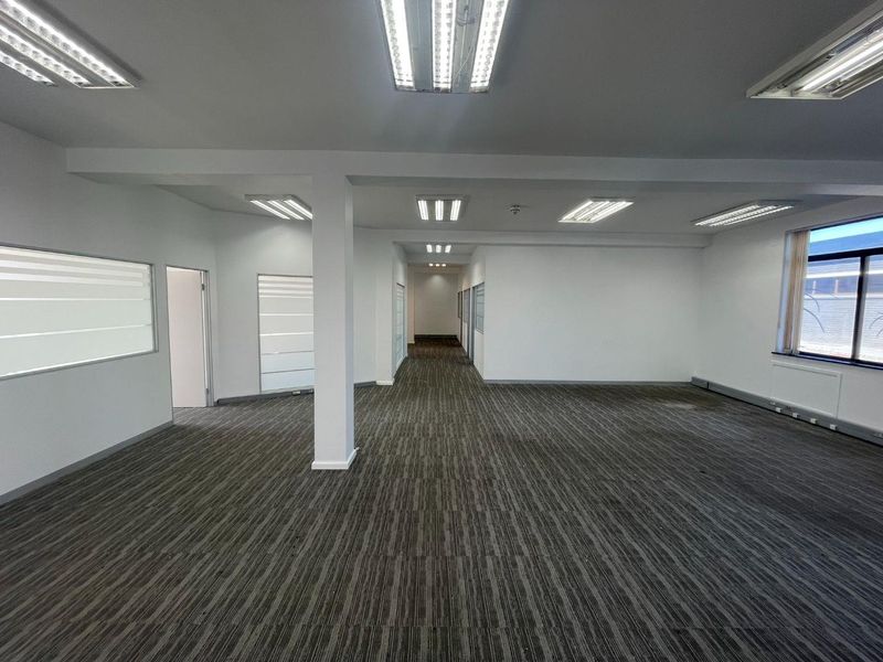 Spacious open-plan office area featuring neutral carpet flooring, recessed fluorescent lighting, and large windows with fitted blinds.