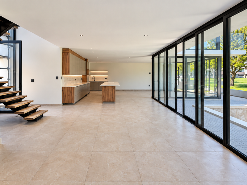 Spacious open-plan living area featuring a modern kitchen with built-in cabinetry, a floating staircase, and expansive sliding glass doors opening to the garden.