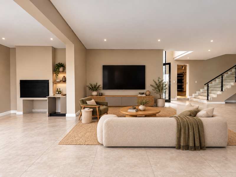 Spacious open-plan living area featuring a modern built-in fireplace, recessed shelving, neutral tiled flooring, and a contemporary staircase with a glass balustrade.