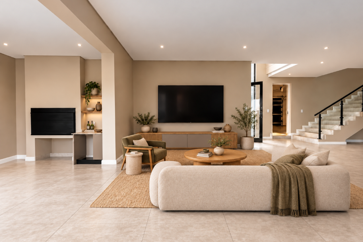 Spacious open-plan living area featuring a modern built-in fireplace, recessed shelving, neutral tiled flooring, and a contemporary staircase with a glass balustrade.