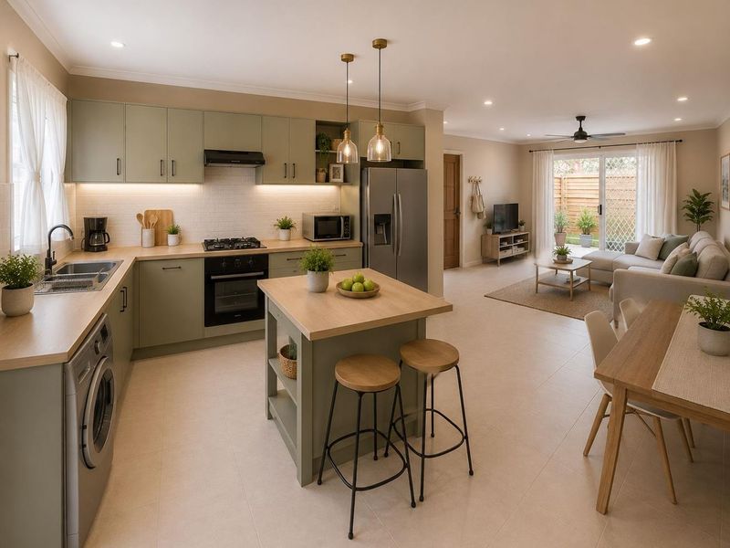 Spacious open-plan living area featuring a modern kitchen with sage cabinetry, a central island, and seamless flow to the outdoor patio through sliding doors.