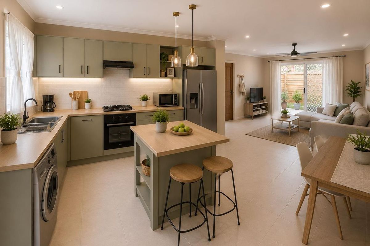 Spacious open-plan living area featuring a modern kitchen with sage cabinetry, a central island, and seamless flow to the outdoor patio through sliding doors.
