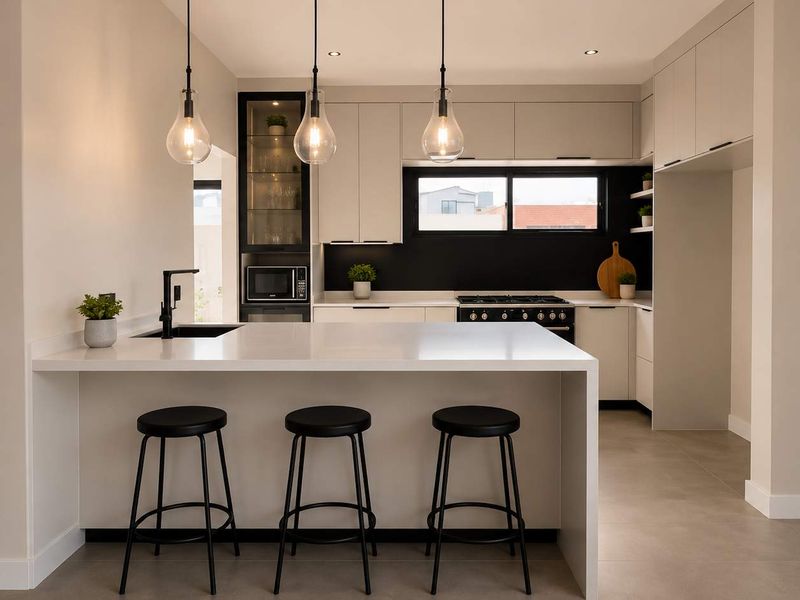 Modern kitchen featuring a central island with quartz countertops, sleek cabinetry, integrated appliances, and contemporary pendant lighting.
