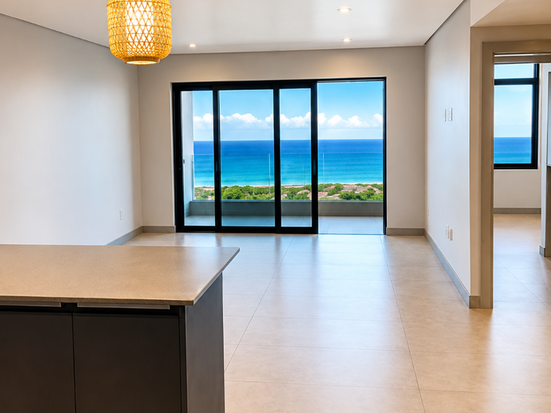 Spacious open-plan living area featuring large sliding glass doors with ocean views, neutral floor tiles, and modern recessed lighting.