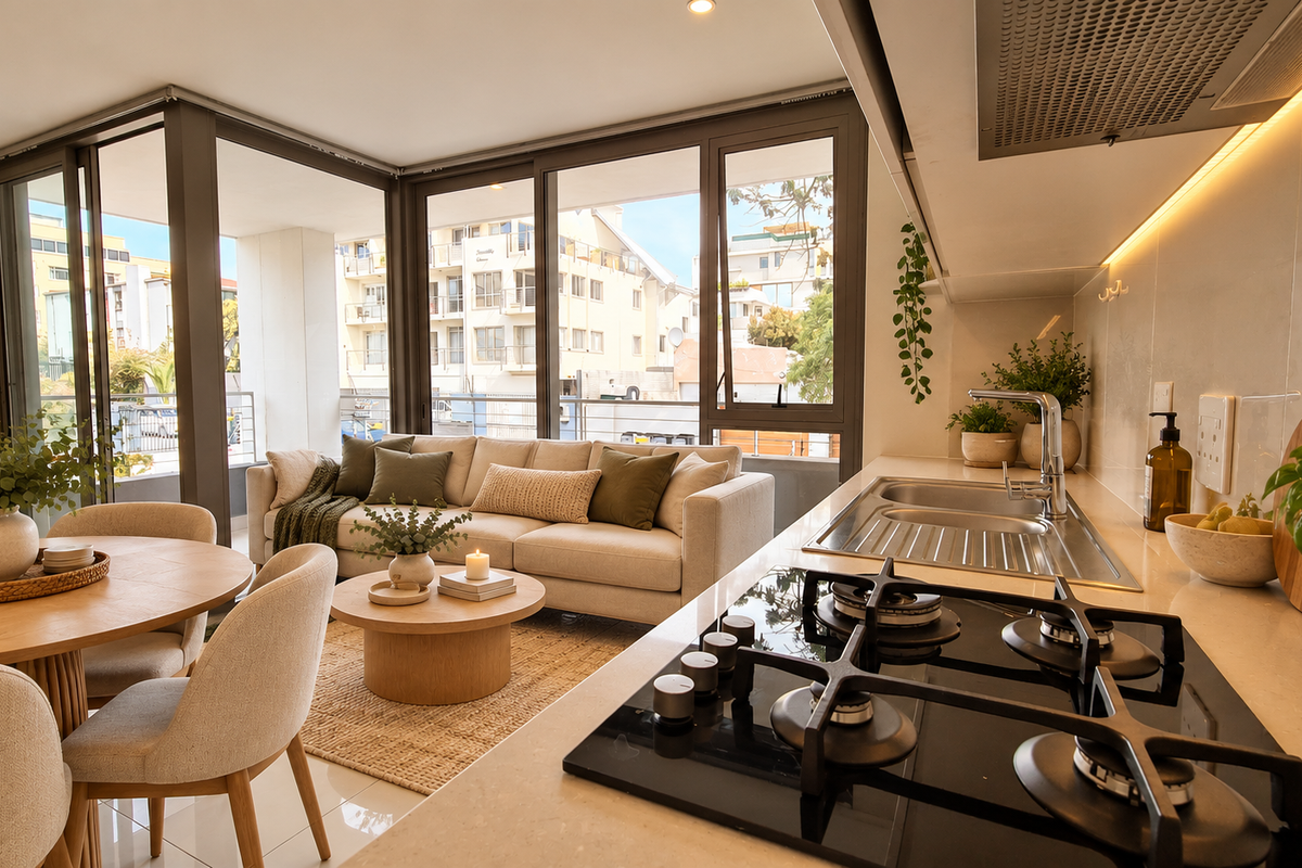 Modern open-plan living area featuring a sleek kitchen with gas hob, stone countertops, and seamless flow to a private balcony through large sliding doors.