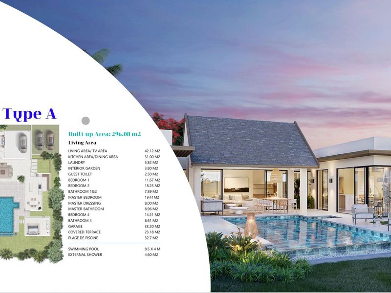 A professional architectural rendering of a luxury villa featuring a private swimming pool, covered terrace, and modern open-plan living spaces.
