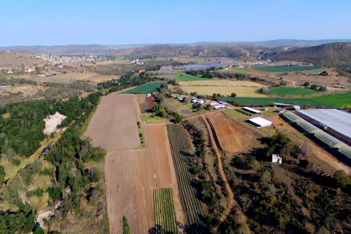 Aerial view of the expansive farm property featuring cultivated fields, agricultural structures, and surrounding rural landscape.
