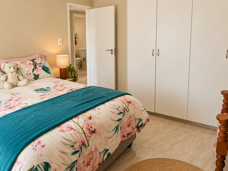 A well-maintained bedroom featuring neutral walls, tiled flooring, and ample built-in cupboard space, with direct access to an en-suite bathroom.