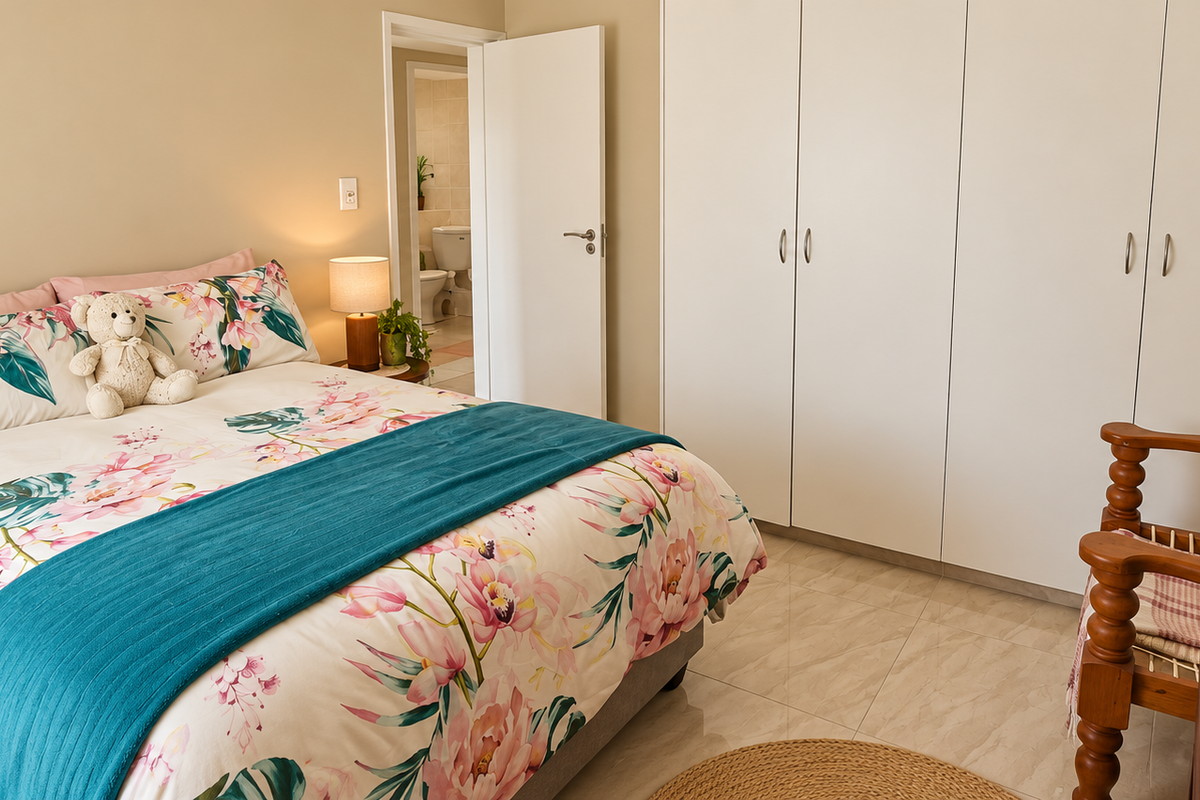 A well-maintained bedroom featuring neutral walls, tiled flooring, and ample built-in cupboard space, with direct access to an en-suite bathroom.