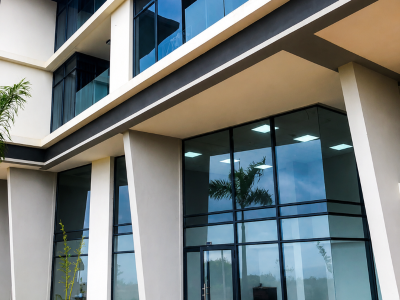 Modern multi-story commercial building facade featuring extensive glass curtain walls, sleek glass balustrades, and a paved entrance area with integrated landscaping.
