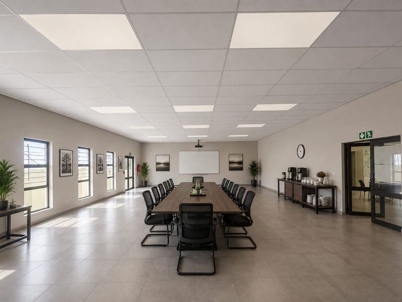 A spacious, modern boardroom featuring tiled flooring, a suspended ceiling with recessed lighting, and large windows providing ample natural light.