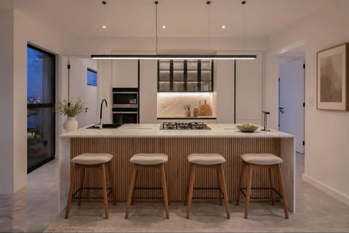 Modern kitchen featuring a large island with stone countertops, integrated gas cooktop, built-in appliances, and stylish slatted timber cabinetry with contemporary pendant lighting.