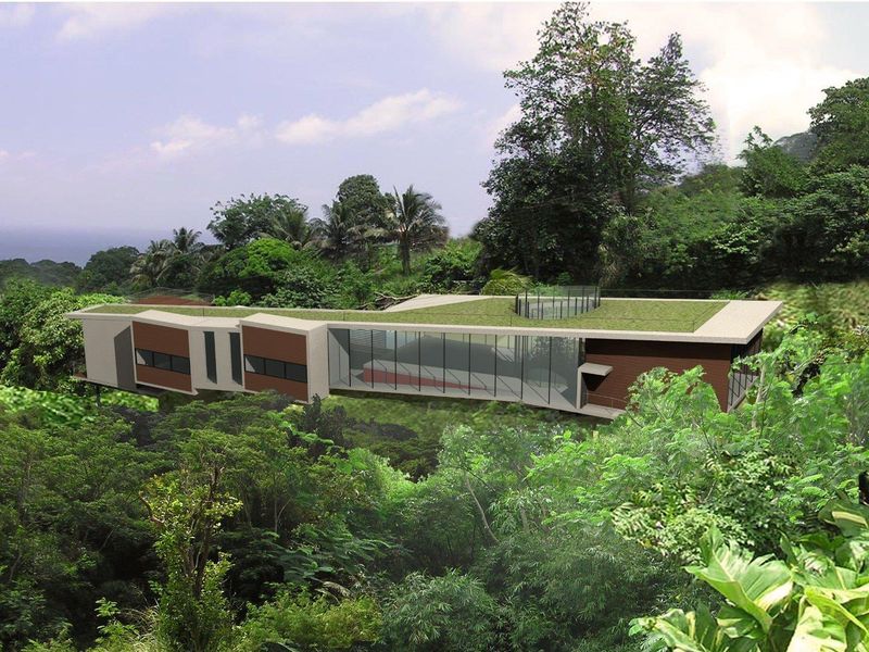 A modern architectural rendering of a residential property integrated into a lush, forested landscape with a green roof design.