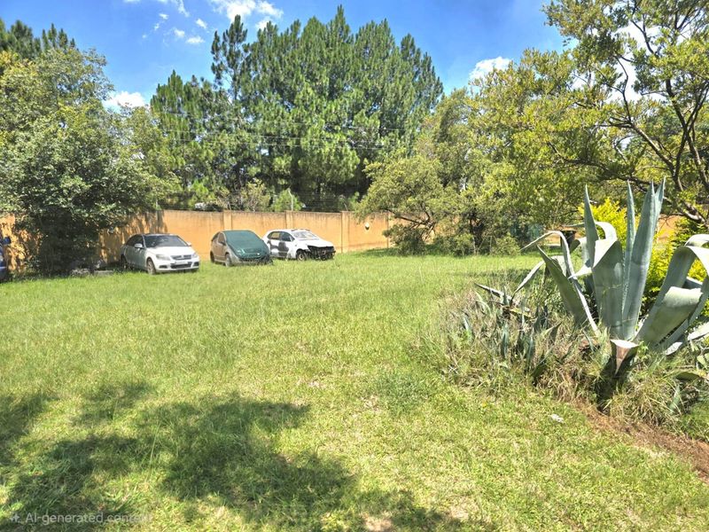A large, open garden area featuring mature trees, established landscaping, and a perimeter wall with electric fencing.
