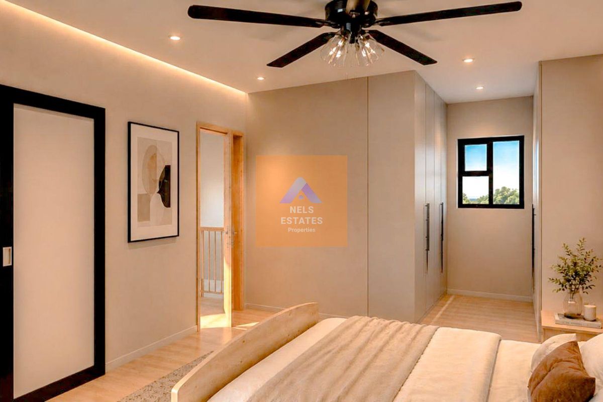Modern bedroom featuring a ceiling fan, recessed lighting, built-in wardrobes, and an en-suite bathroom with a sleek sliding door.