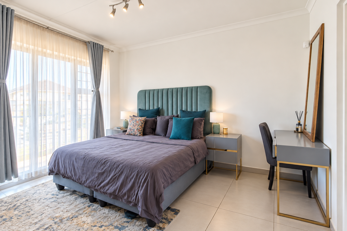 A well-maintained bedroom featuring large sliding glass doors with sheer curtains, neutral tiled flooring, and modern ceiling spotlighting.