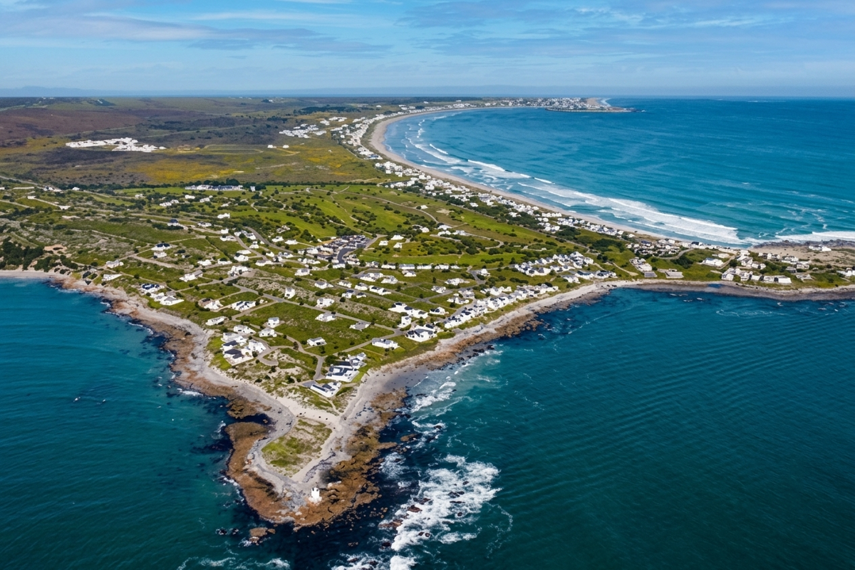 An expansive aerial view of the coastal estate, showcasing its prime location along the shoreline and surrounding natural landscape.
