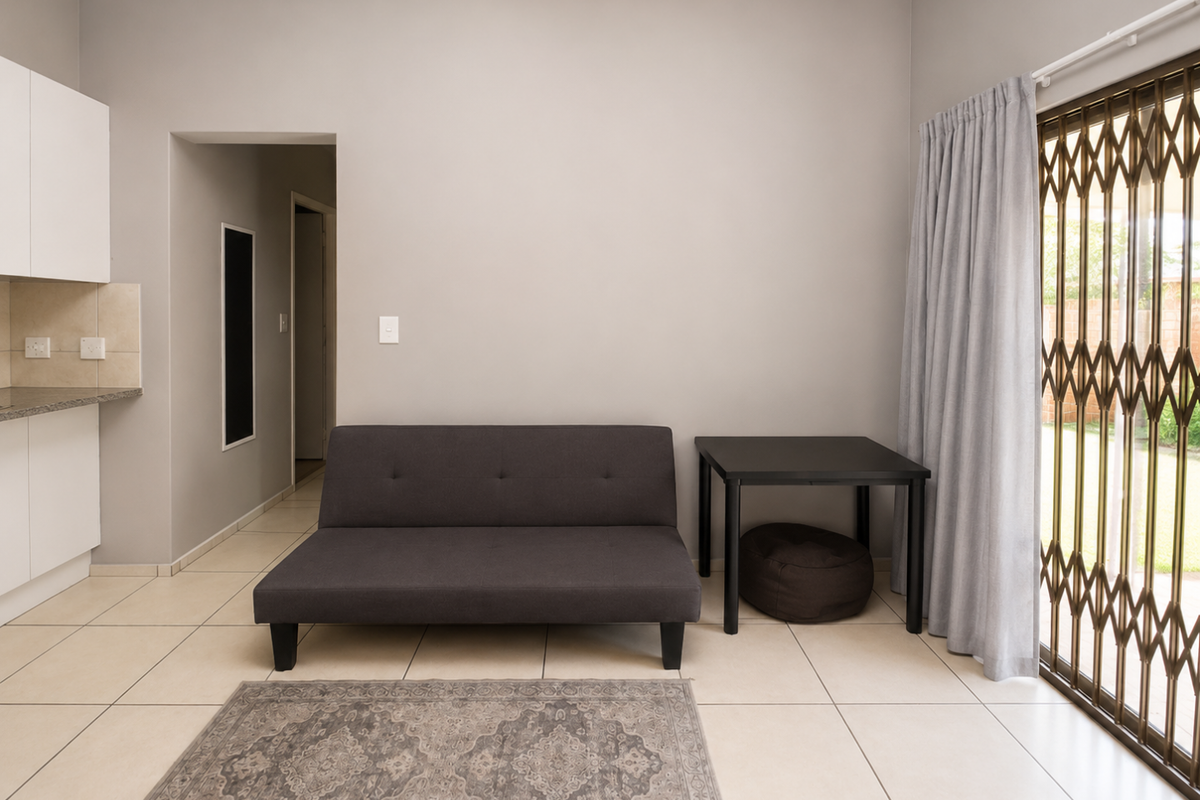 Open plan living area featuring tiled floors, built-in kitchen cabinetry with granite countertops, and a sliding door with a security gate leading outdoors.