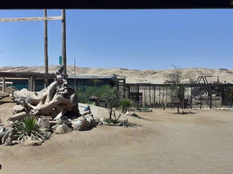 An expansive outdoor area on a small holding featuring sandy terrain, rustic timber structures, and desert-style landscaping with a view of the surrounding landscape.
