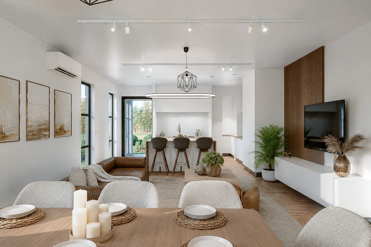 Modern open-plan living area featuring a sleek kitchen with island, herringbone flooring, and integrated track lighting, seamlessly flowing into the dining and lounge space.