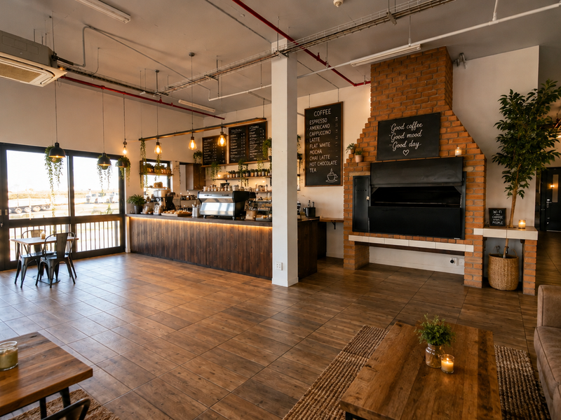 Spacious open-plan industrial style cafe featuring a prominent brick fireplace, service counter, exposed ceiling services, and large sliding doors providing ample natural light.
