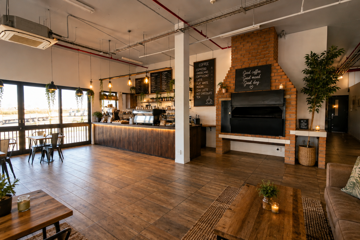 Spacious open-plan industrial style cafe featuring a prominent brick fireplace, service counter, exposed ceiling services, and large sliding doors providing ample natural light.