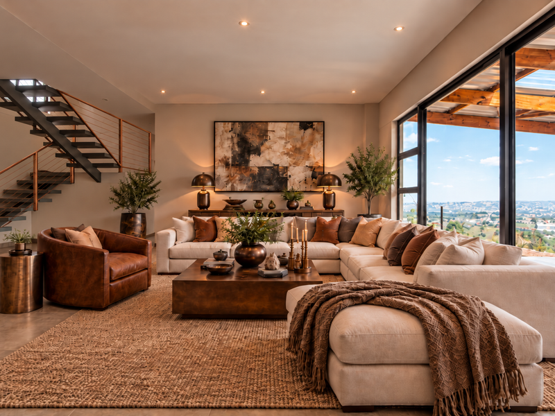 Spacious living room featuring an open-tread staircase, large sliding glass doors with scenic views, and modern recessed lighting.