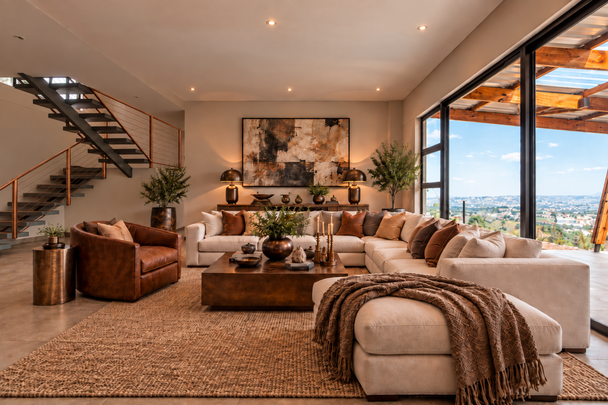 Spacious living room featuring an open-tread staircase, large sliding glass doors with scenic views, and modern recessed lighting.