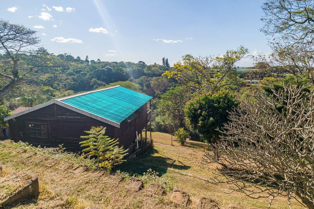 Elevated view of a timber-clad house with a bright green corrugated roof, set within a lush, natural garden landscape.