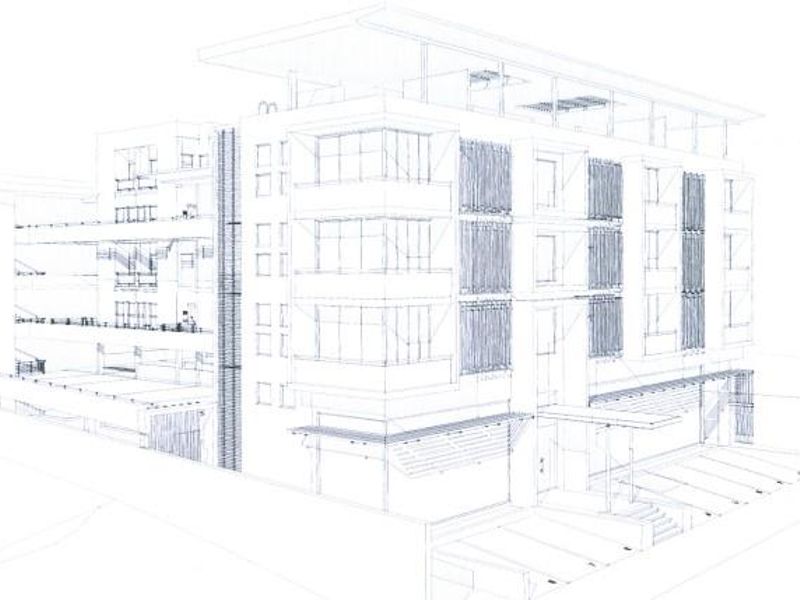 A wireframe architectural rendering of a multi-story office building showcasing the exterior facade, balconies, and structural design.