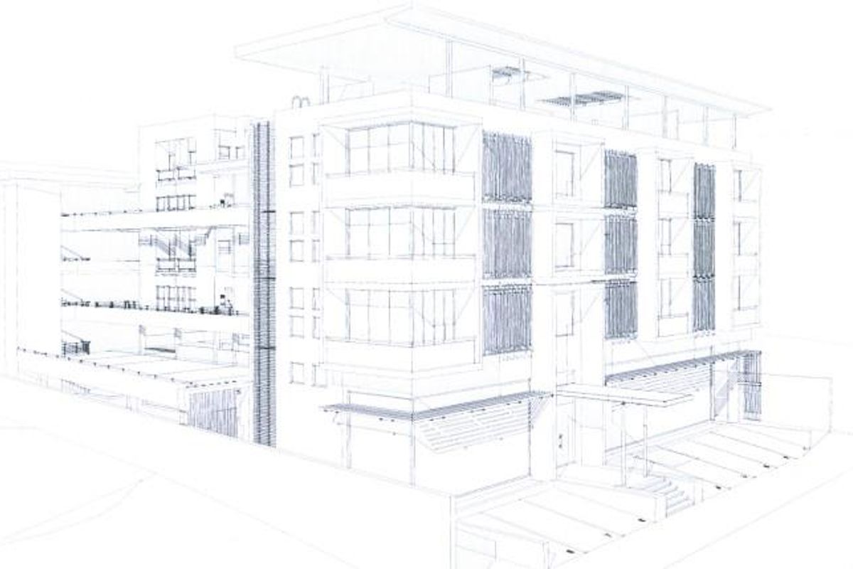 A wireframe architectural rendering of a multi-story office building showcasing the exterior facade, balconies, and structural design.