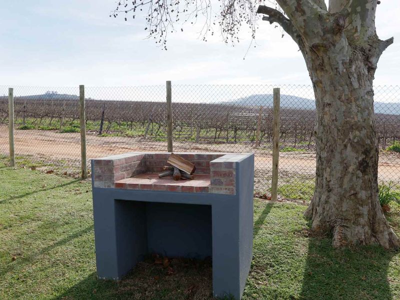 A well-maintained garden area featuring a built-in brick braai, wire mesh fencing, and a mature tree with views of the surrounding landscape.