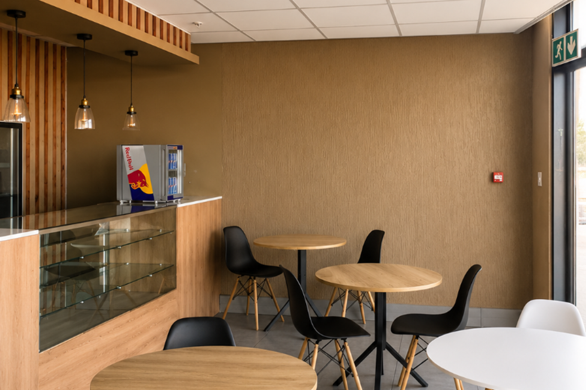 A modern retail or cafe space featuring a built-in service counter, glass display unit, suspended ceiling, and neutral tiled flooring.