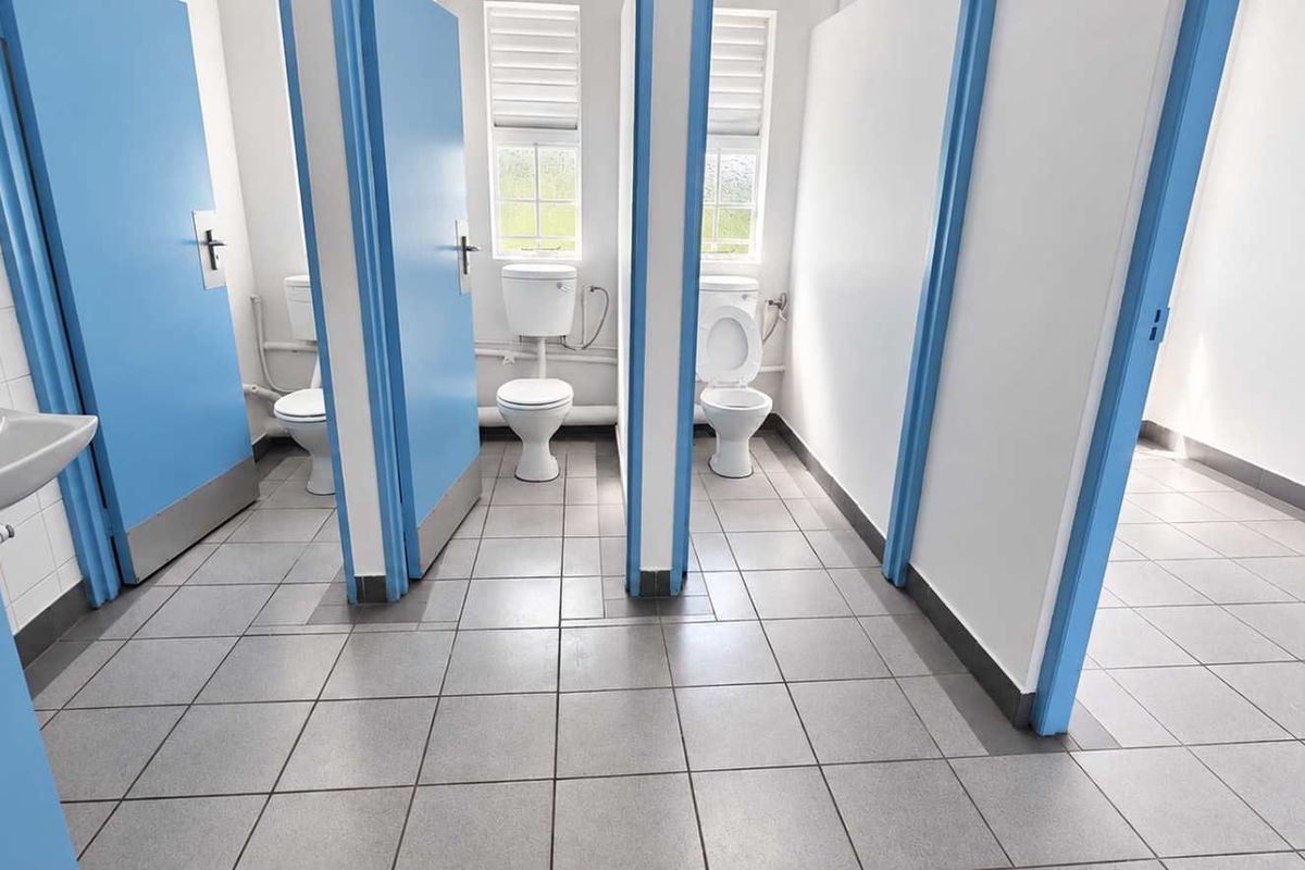 A functional industrial-style communal bathroom featuring multiple toilet cubicles, tiled flooring, and a wall-mounted hand basin.