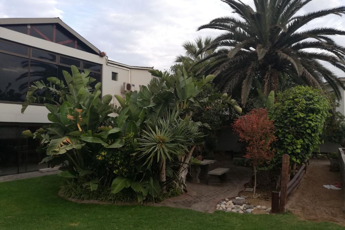 A well-established rear garden featuring mature palm trees, lush tropical landscaping, a paved seating area, and a view of the property's rear elevation.
