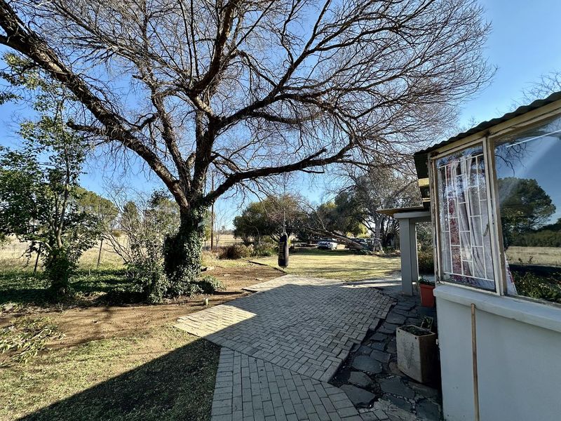 Rear exterior view of the property featuring a paved patio area, mature trees, and a view of the surrounding small holding grounds.