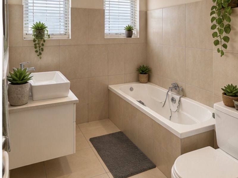 A well-maintained bathroom featuring a built-in bathtub, wall-mounted vanity with a vessel sink, neutral wall and floor tiling, and functional venetian blinds.