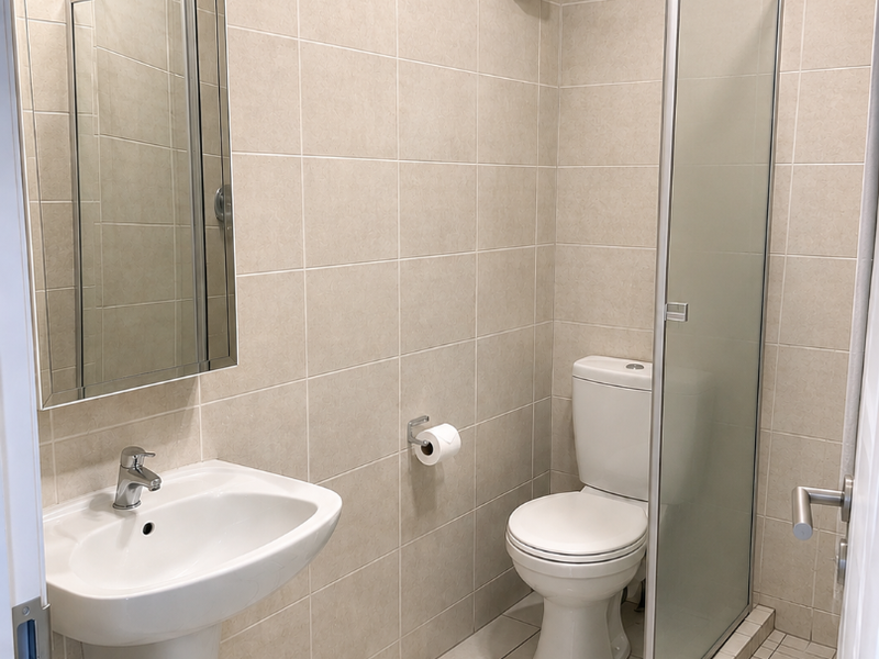 A clean, modern bathroom featuring a wall-mounted basin, a toilet, and a glass-enclosed shower with neutral floor-to-ceiling tiling.