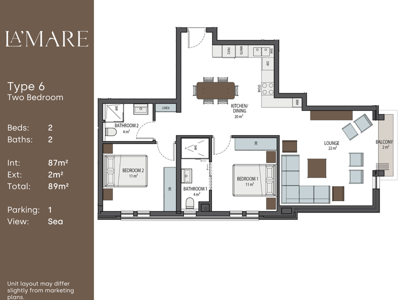 A detailed floor plan for a two-bedroom, two-bathroom apartment unit featuring an open-plan kitchen, dining, and lounge area with an attached balcony.