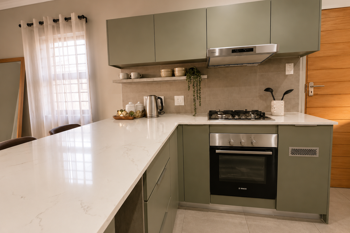 Modern kitchen featuring sage green cabinetry, white stone countertops, built-in gas hob, stainless steel oven, and extractor fan.