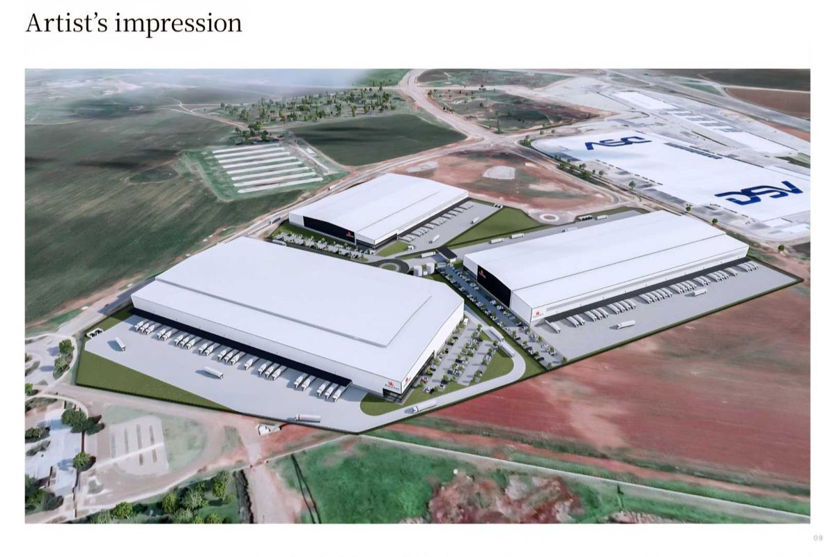 An aerial artist's impression of a large-scale industrial logistics park featuring multiple warehouse facilities, loading docks, and extensive paved yard areas.