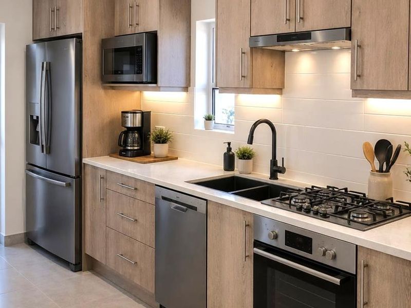 Modern kitchen featuring light wood-grain cabinetry, stone countertops, stainless steel appliances, gas cooktop, and contemporary black fixtures with under-cabinet lighting.