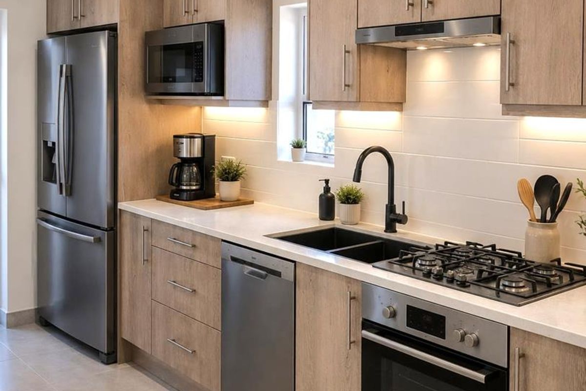 Modern kitchen featuring light wood-grain cabinetry, stone countertops, stainless steel appliances, gas cooktop, and contemporary black fixtures with under-cabinet lighting.