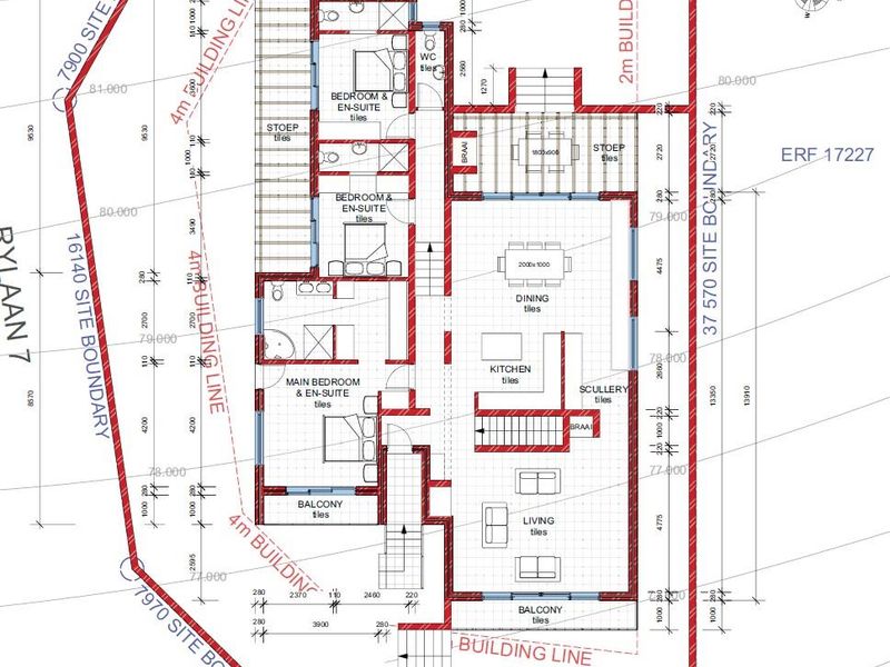Architectural upper floor plan showing layout of bedrooms with en-suites, kitchen, scullery, dining area, living room, and balconies.
