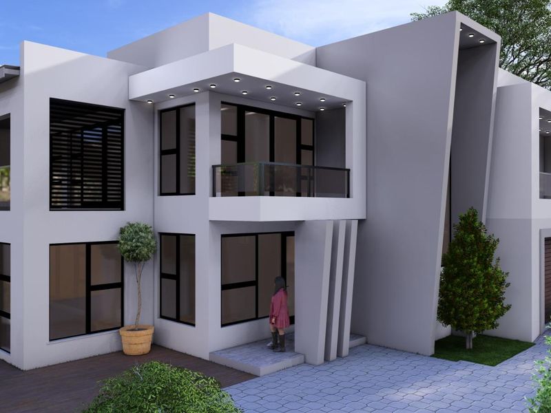 Modern two-story architectural residence featuring clean lines, large glass windows, a private balcony with glass balustrade, and integrated outdoor lighting.