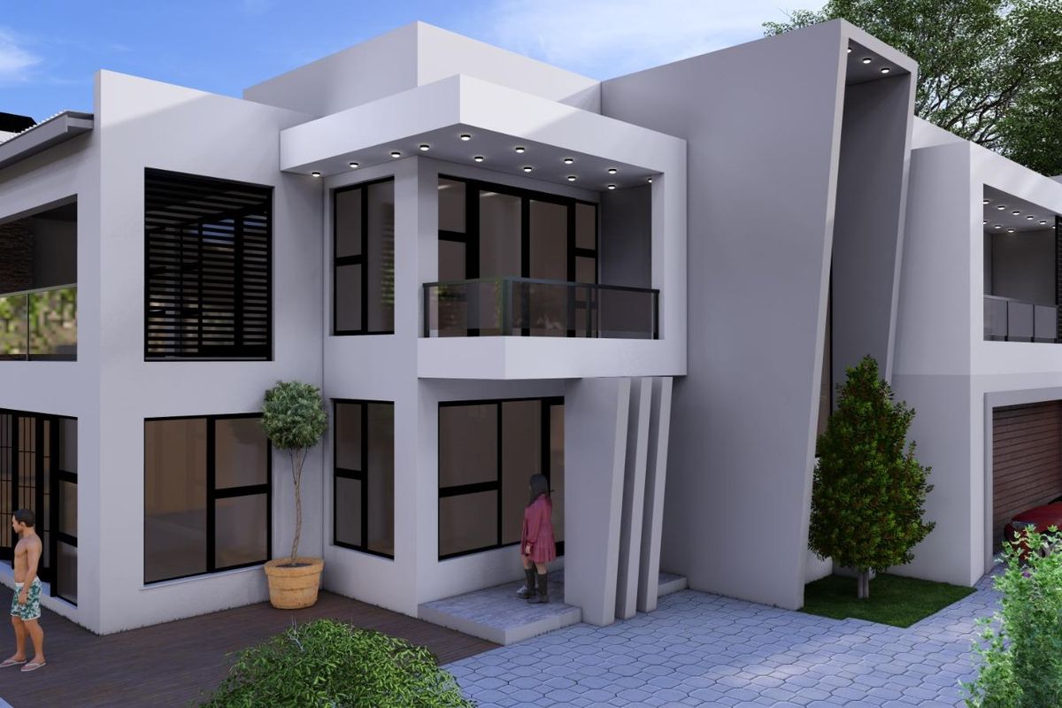 Modern two-story architectural residence featuring clean lines, large glass windows, a private balcony with glass balustrade, and integrated outdoor lighting.